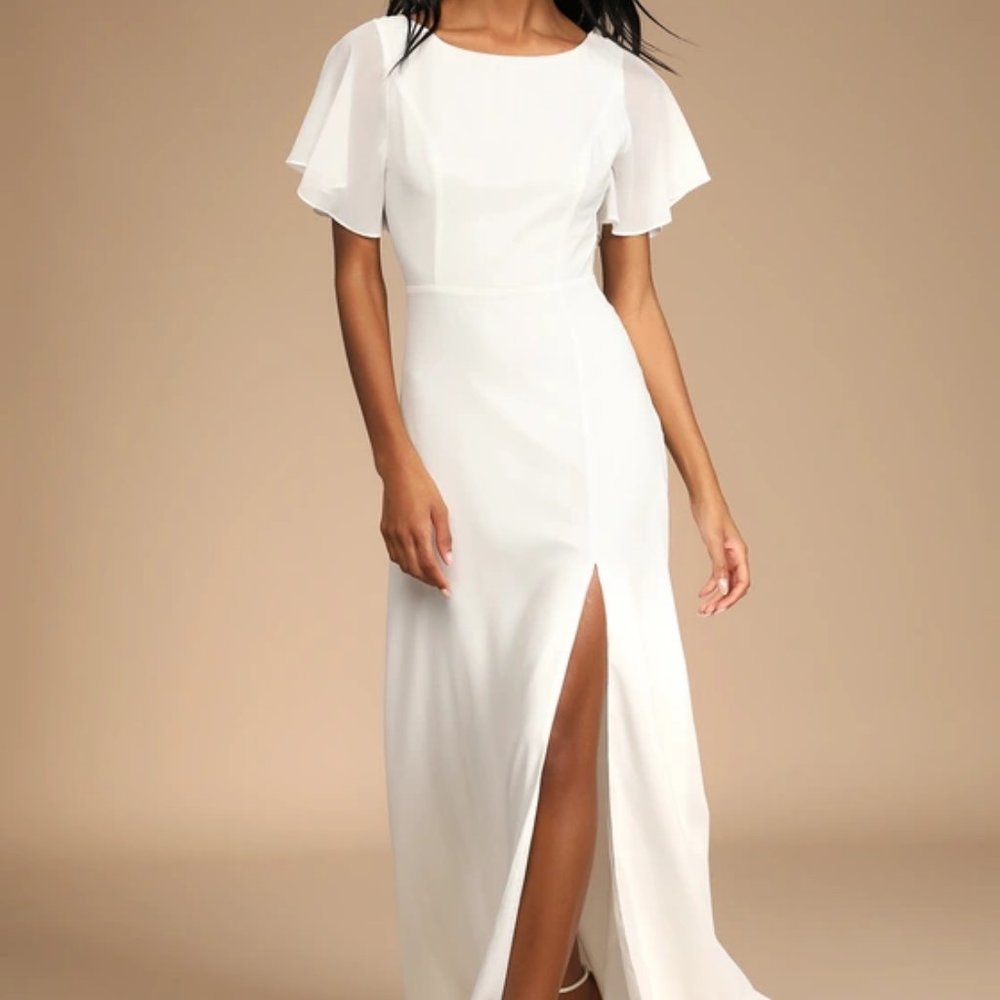Vows of Love White Flutter Sleeve Lace Back Maxi Dress